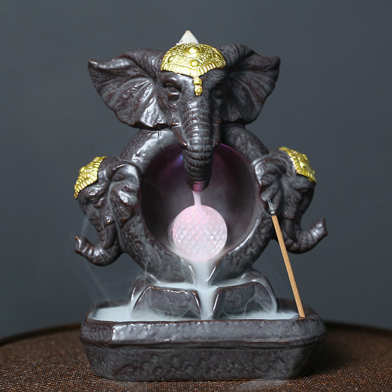Ceramic Backflow Incense Burner with LED Light,Ganesha Elephant Design,Home Décor,Oriental Zen Style