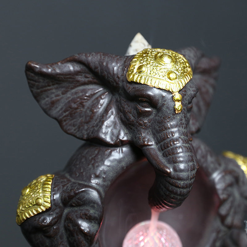 Ceramic Backflow Incense Burner with LED Light,Ganesha Elephant Design,Home Décor,Oriental Zen Style