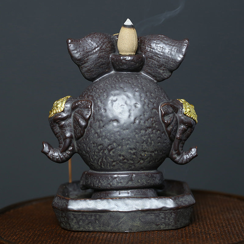 Ceramic Backflow Incense Burner with LED Light,Ganesha Elephant Design,Home Décor,Oriental Zen Style