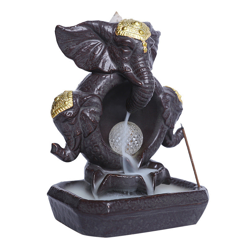 Ceramic Backflow Incense Burner with LED Light,Ganesha Elephant Design,Home Décor,Oriental Zen Style