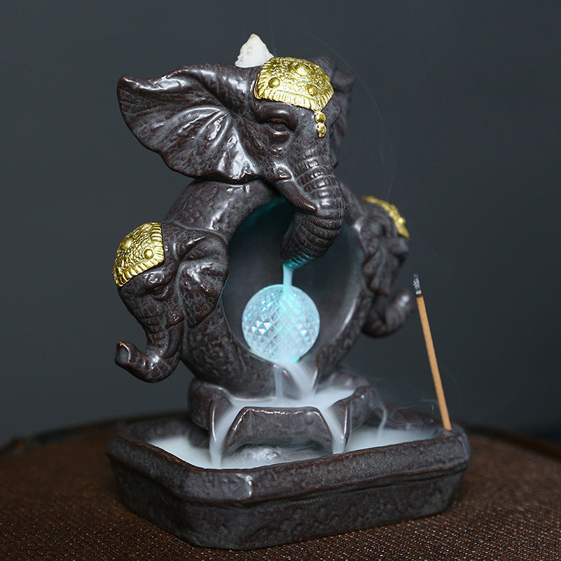 Ceramic Backflow Incense Burner with LED Light,Ganesha Elephant Design,Home Décor,Oriental Zen Style