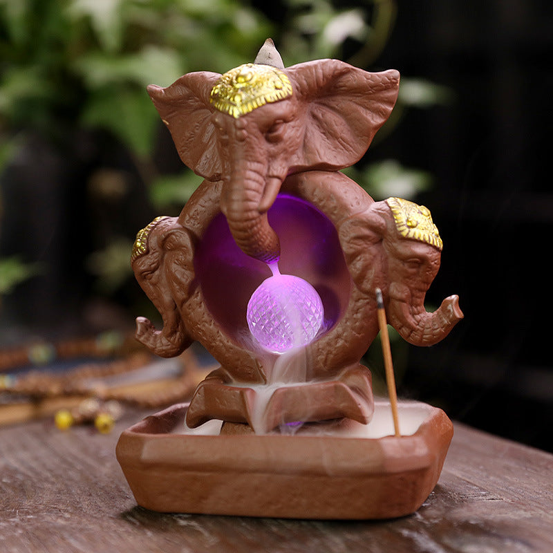 Ceramic Backflow Incense Burner with LED Light,Ganesha Elephant Design,Home Décor,Oriental Zen Style